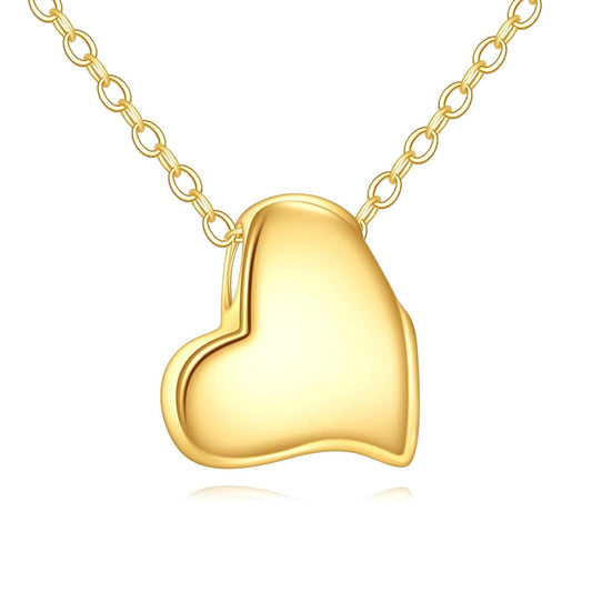 Asymmetric 14K yellow gold heart pendant necklace on a white background.